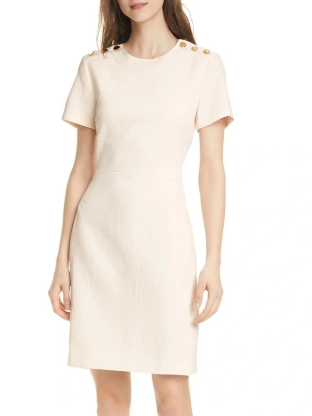 Club Monaco Button Shoulder Textured Sheath Dress Cream / Ivory Size 6